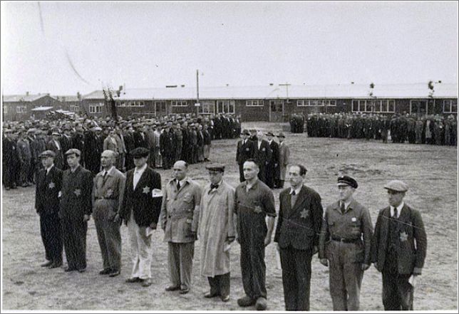 Jews lined up at roll call in Westerbork